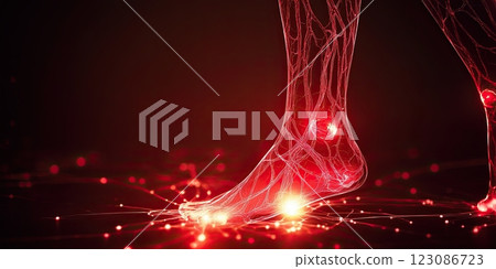 Glowing red nerve lines spreading from feet on dark background  123086723