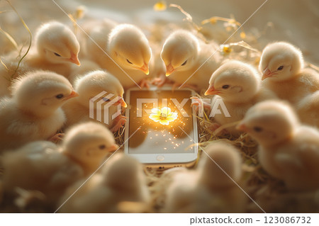 Chickens gather around a smartphone displaying a glowing flower in a rustic setting during daylight hours 123086732