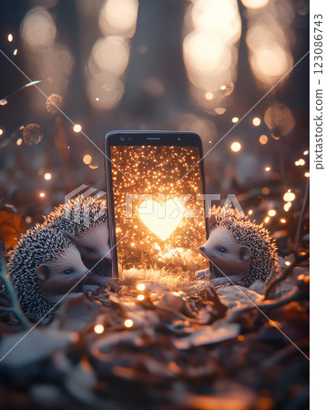 Smartphone surrounded by tiny baby hedgehogs with glowing heart image in a forest setting during twilight 123086743