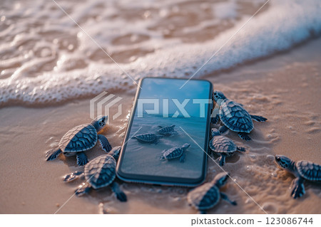 Smartphone displaying baby turtles on a sandy beach surrounded by real hatchlings at sunset 123086744