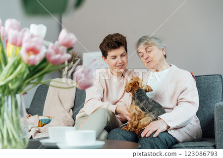 Neutral gender woman with senior mom or grandma and dog pet, sharing a tender moment together. Parenting love, care and generations unity concept. Mothers day. Happy family enjoying weekend together Neutral gender woman with senior mom or grandma and dog pet, sharing a tender moment together. Parenting love, care and generations unity concept. Mothers day. Happy family enjoying weekend together 123086793
