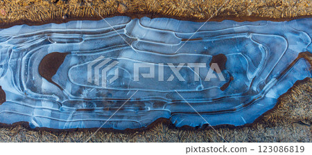 Frozen water on the ground, pattern of ice 123086819