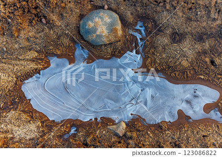 Frozen water on the ground, pattern of ice Frozen water on the ground, pattern of ice 123086822