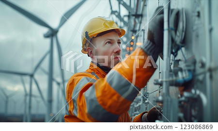 A technician works on a power generator near wind turbines in an energy facility. 123086869