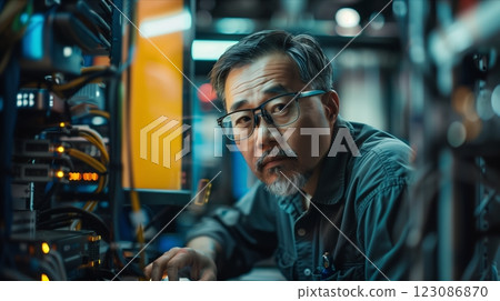 A technician works on advanced computer systems in a modern tech environment. 123086870