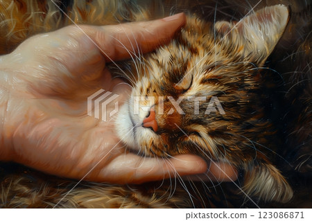 A tender moment capturing a cat gently resting in a person's hand. 123086871