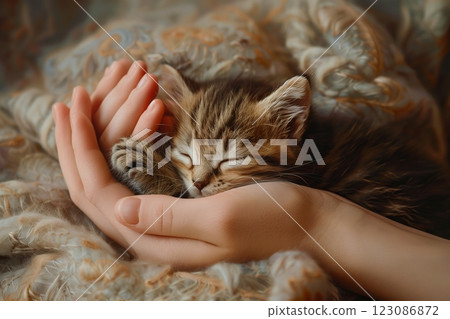 A tender moment of a kitten peacefully sleeping in a hand, symbolizing love and comfort. 123086872