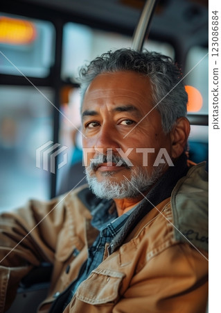 A thoughtful man with a beard, gazing thoughtfully from a bus seat. 123086884