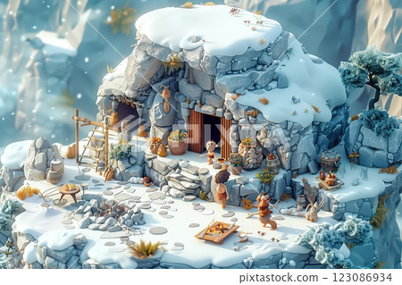 A snowy stone cave scene depicting prehistoric life and survival in nature. 123086934