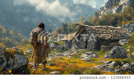 A solitary figure stands before a rustic cabin amidst a serene mountain landscape. 123086935