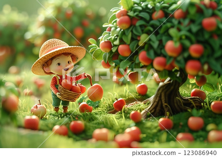 A cheerful child picking apples from a tree on a sunny day in a colorful orchard. 123086940