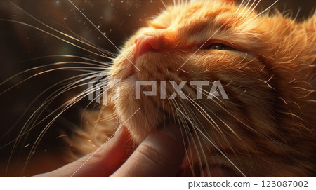 A close-up of a content orange cat being gently petted, showcasing its soft fur and whiskers. 123087002