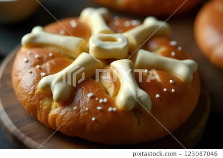 Traditional Dia de Muertos Pan de muerto Decorated with Edible Bones and Sprinkles 123087046