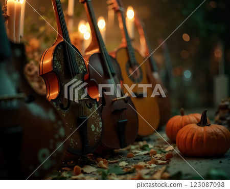 Vibrant Dia de Muertos Celebration with Traditional Instruments and Seasonal Pumpkins 123087098