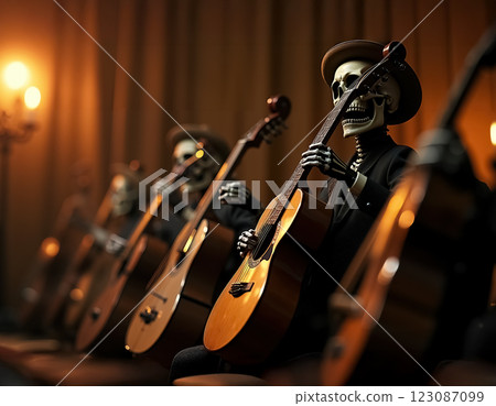 Vibrant Dia de Muertos Celebration Featuring Guitar Playing Skeleton Figures 123087099