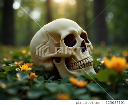 Dia de Muertos Celebration with Skull Among Colorful Flowers in Nature's Embrace 123087101