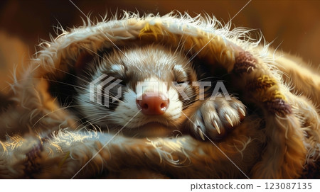 A cozy ferret curled up in a soft blanket, exuding warmth and tranquility. 123087135