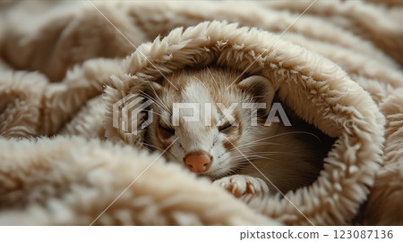 A cozy ferret nestled comfortably in a soft, fluffy blanket, exuding relaxation. 123087136