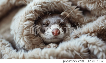 A cozy ferret sleeping peacefully in soft, fluffy blanket. 123087137