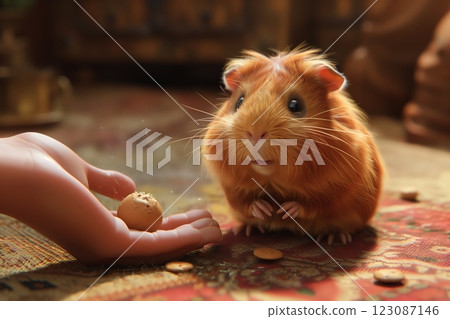 A curious guinea pig eagerly reaching for a treat from a hand. 123087146