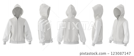3D Render, Womens White Bomber Jacket Hoodie Mockup, Front Back Side Views 3D Render, Womens White Bomber Jacket Hoodie Mockup, Front Back Side Views 123087147