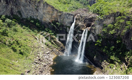 The Saltos do Rio Preto, two stunning waterfalls, known as Saltos, are located in the Chapada dos Veadeiros National Park, in the state of Goias, Brazil. They are formed by Rio Preto River 123087208