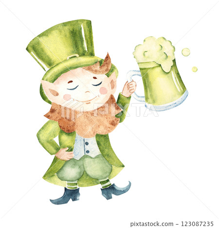 Cute Leprechaun in a traditional green Hat and Costume with Ale Mug, Glass. Hand drawn Watercolor illustration of Lucky dwarf bearded Elf in cartoon style with Pint of Irish green Beer isolated on a 123087235