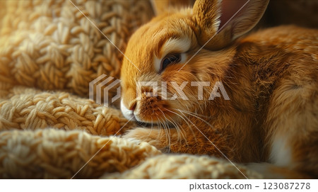 A cute orange bunny resting peacefully on a cozy knitted blanket. A cute orange bunny resting peacefully on a cozy knitted blanket. 123087278