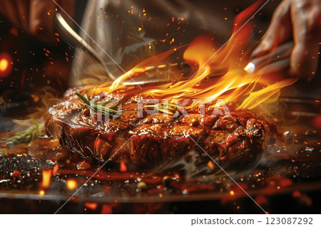 A delicious steak sizzling on a grill, surrounded by flames and fresh herbs. 123087292