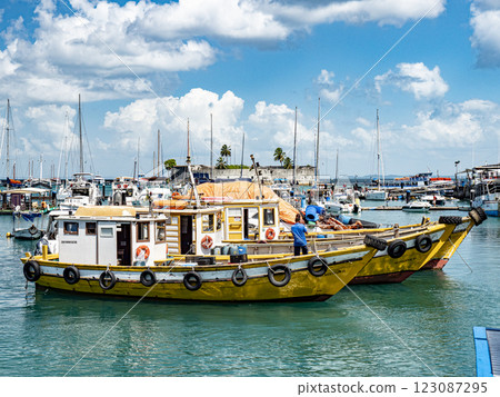 Colorful fishing boats moored side by side in the Port of Salvador, with Forte de Sao Marcelo in the background 123087295