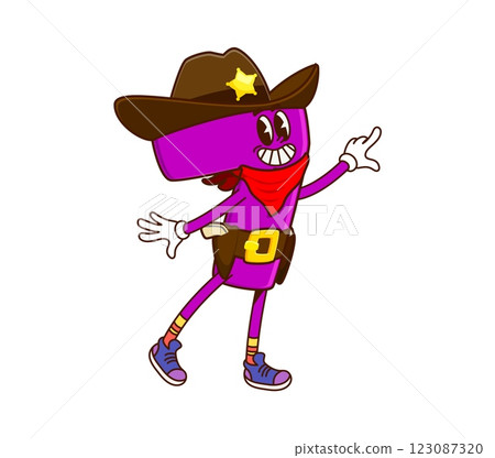 Cartoon groovy math number 7 as cowboy or sheriff character, vector mathematics symbol. Groovy number Seven 7 as Western bandit cartoon character in cowboy hat with sheriff star badge and guns 123087320
