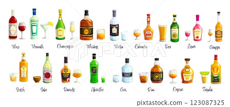 Cartoon alcohol bottles, liquor and wine drinks, vector alcoholic beverages with glasses. Vodka, whiskey, rum and beer, champagne, tequila, gin and absinthe bottles with cocktail glasses, ice and lime Cartoon alcohol bottles, liquor and wine drinks, vector alcoholic beverages with glasses. Vodka, whiskey, rum and beer, champagne, tequila, gin and absinthe bottles with cocktail glasses, ice and lime 123087325