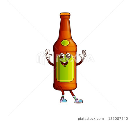 Beer bottle drink groovy cheerful character. Brewery ale container retro cartoon funny character. Pub beer bottle funky isolated vector happy mascot, bar alcohol drink or beverage groovy personage Beer bottle drink groovy cheerful character. Brewery ale container retro cartoon funny character. Pub beer bottle funky isolated vector happy mascot, bar alcohol drink or beverage groovy personage 123087340