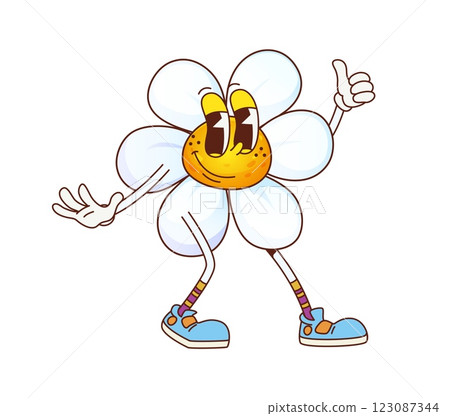 Funny groovy daisy chamomile flower funny character showing thumbs up. Cartoon vector y2k blossom with white petals and yellow center. Summer garden bloom hippie personage with happy smiling face 123087344