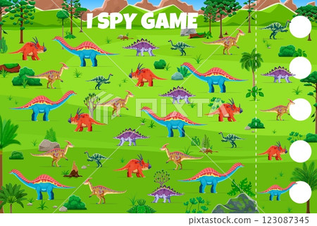 I spy game worksheet with funny prehistoric dinosaurs and dino characters, vector quiz. I spy game to find and match same picture of cartoon funny Jurassic dinosaurs, lizards and prehistoric reptiles 123087345