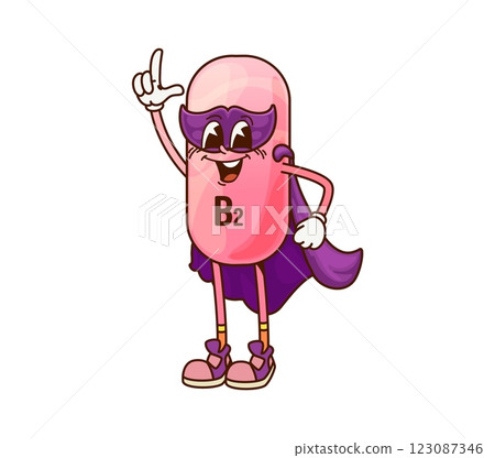 Cartoon groovy vitamin b2 superhero character. Isolated vector pink Riboflavin pill wearing purple cape and mask, confidently posing with a hand gesture, promotes health and wellness with heroic twist 123087346