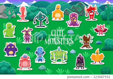 Cartoon monster characters stickers pack. Vector patches with whimsical creatures on green, grassy field. Funny Halloween personages with horns, tentacles, wings, dripping goo, fangs and bulging eyes 123087352