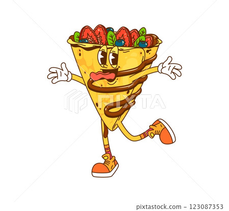 Retro cartoon groovy hippie crepe dessert or fast food with funny face, vector character. Groovy crepe with happy smile and silly teasing tongue in chocolate with strawberry and blueberry berries Retro cartoon groovy hippie crepe dessert or fast food with funny face, vector character. Groovy crepe with happy smile and silly teasing tongue in chocolate with strawberry and blueberry berries 123087353