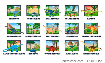 Cartoon prehistoric dinosaurs. Vector vibrant set of ancient dino reptile animals with their names, each set against a unique natural background with jurassic era landscape. Paleontology education Cartoon prehistoric dinosaurs. Vector vibrant set of ancient dino reptile animals with their names, each set against a unique natural background with jurassic era landscape. Paleontology education 123087354