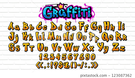 Graffiti font, street art grunge typeface or hip hop English alphabet, vector type. Urban graffiti font of paint spray letters for old school typeface, rap music or hip hop and college street art type Graffiti font, street art grunge typeface or hip hop English alphabet, vector type. Urban graffiti font of paint spray letters for old school typeface, rap music or hip hop and college street art type 123087362