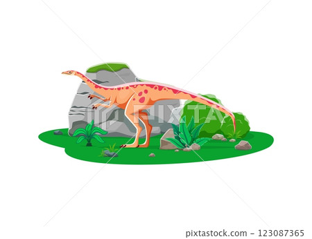 Archaeornithomimus prehistoric dinosaur cartoon paleontology character. Isolated vector ancient omnivorous dino reptile animal in natural environment with rocks and plants. Late Cretaceous era lizard 123087365
