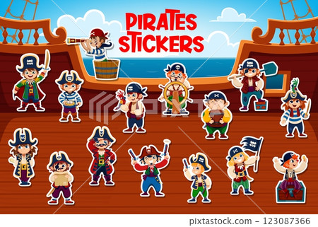 Kid pirate and corsair characters stickers pack, vector piracy. Cartoon funny boy and girl personages of kid pirate captain, sailor and corsair, skipper and boatswain at filibusters ship deck Kid pirate and corsair characters stickers pack, vector piracy. Cartoon funny boy and girl personages of kid pirate captain, sailor and corsair, skipper and boatswain at filibusters ship deck 123087366