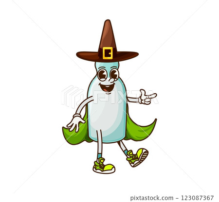 Groovy cartoon Halloween Mexican pulque bottle wizard character, vector Tex Mex drink. Groovy pulque bottle in witch hat with happy face or funky smile in mage mantle for Halloween holiday character 123087367