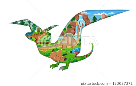 Paper cut prehistoric flying dinosaur silhouette with Jurassic lizards and reptiles, vector banner. Paper cut pteranodon dinosaur silhouette with T Rex tyrannosaurus and prehistoric lizards for kids Paper cut prehistoric flying dinosaur silhouette with Jurassic lizards and reptiles, vector banner. Paper cut pteranodon dinosaur silhouette with T Rex tyrannosaurus and prehistoric lizards for kids 123087371