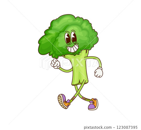 Groovy cartoon broccoli superhero character with funny face, vector super hero vegetable. Groovy broccoli superhero with silly funky smile in hipster shoes for kids cartoon cabbage character 123087395