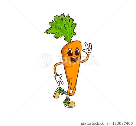 Cartoon groovy carrot vegetable character on fitness sport. Isolated vector farm veggie retro personage wearing sportive sneakers flashing hard rock gesture promotes healthy eating, fun and wellness 123087400