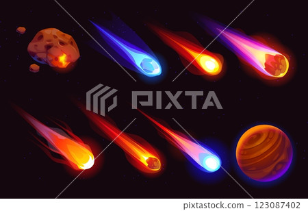 Cartoon galaxy space meteors, comets and asteroids with flame trails. Vector falling fiery meteorites and glowing fireballs, accompanied by vibrant red planet. Sci fi, astronomy or cosmic game assets 123087402