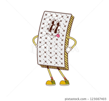 Cartoon groovy mattress furniture character with expressive eyes, sticking out its tongue playfully and wearing sneakers conveying a quirky and humorous vibes with arms akimbo, showing confidence Cartoon groovy mattress furniture character with expressive eyes, sticking out its tongue playfully and wearing sneakers conveying a quirky and humorous vibes with arms akimbo, showing confidence 123087403