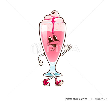 Groovy milk shake cocktail, fast food character with smiling face. Isolated cartoon vector cocktail, Retro creamsicle personage in a tall glass, topped with whipped cream and strawberry jam drizzle 123087423