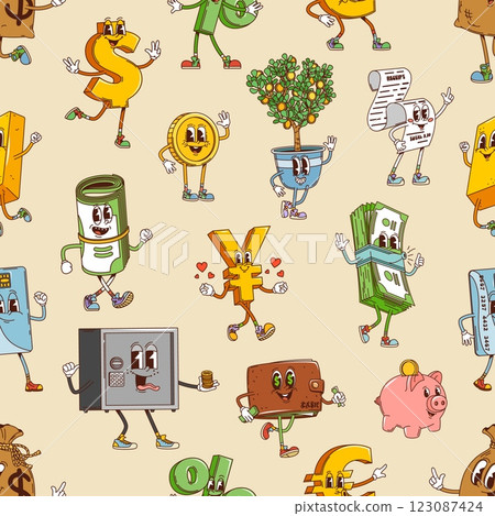 Groovy finance characters seamless pattern in retro cartoon, vector background. Groovy funky dollar banknotes and golden coins, money tree and piggy bank, funny credit card and euro with funny face Groovy finance characters seamless pattern in retro cartoon, vector background. Groovy funky dollar banknotes and golden coins, money tree and piggy bank, funny credit card and euro with funny face 123087424